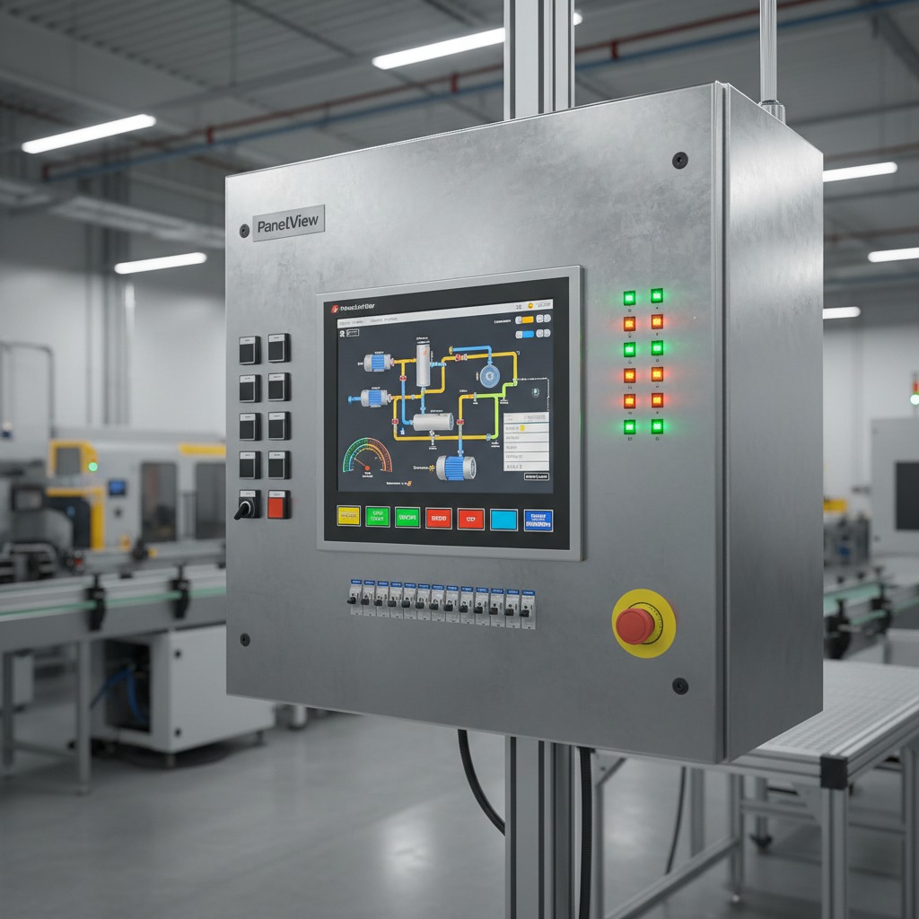 A metal industrial control panel with a digital display screen, buttons, and status lights stands on a factory floor.