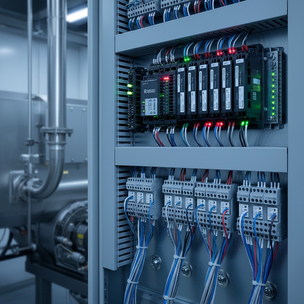 An open electrical control panel displays modular electronic components with connected wiring and indicator lights.